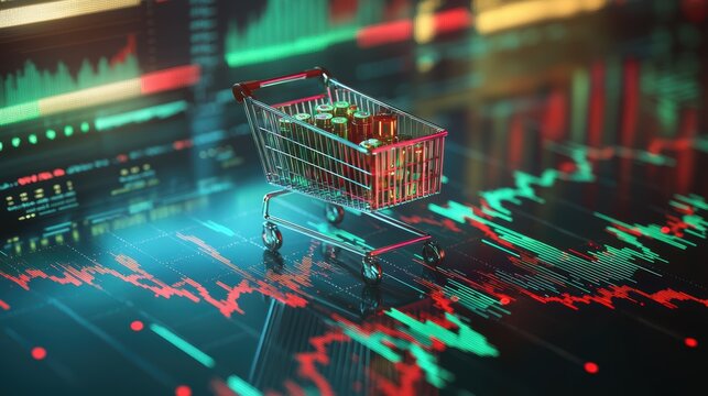 Consumer staples sector grocery icon on paper graph with stock trends