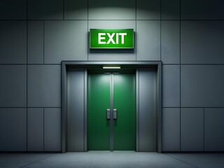 Green emergency exit sign with light above the door
