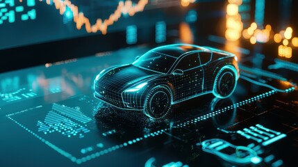 The symbol of electric vehicles a glowing ev car icon with market trends