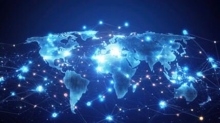 Digital world map with glowing connections, representing global connectivity and technology.