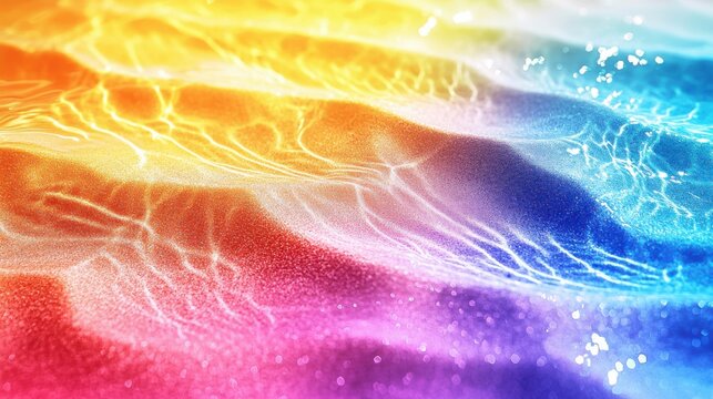 A rainbow beach background sea water and waves white foam on the sand, top view, photography bright colors best details	