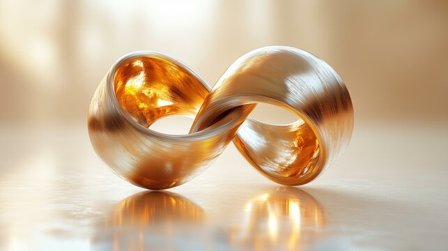 Elegant golden mÃ¶bius strip sculpture with reflections in a minimalist setting