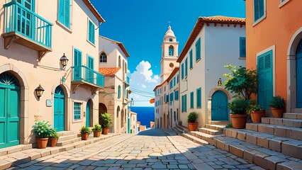 An illustration of a wonderful and lovely street scene in a little Mediterranean village by the sea
