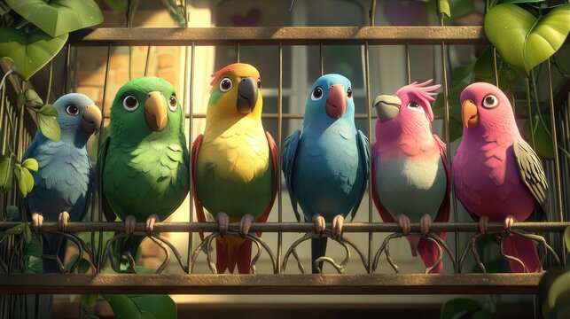 Bunch of inseparable lovebird parrots alongside vibrant pigeons in a spacious cage showcasing their beauty and companionship