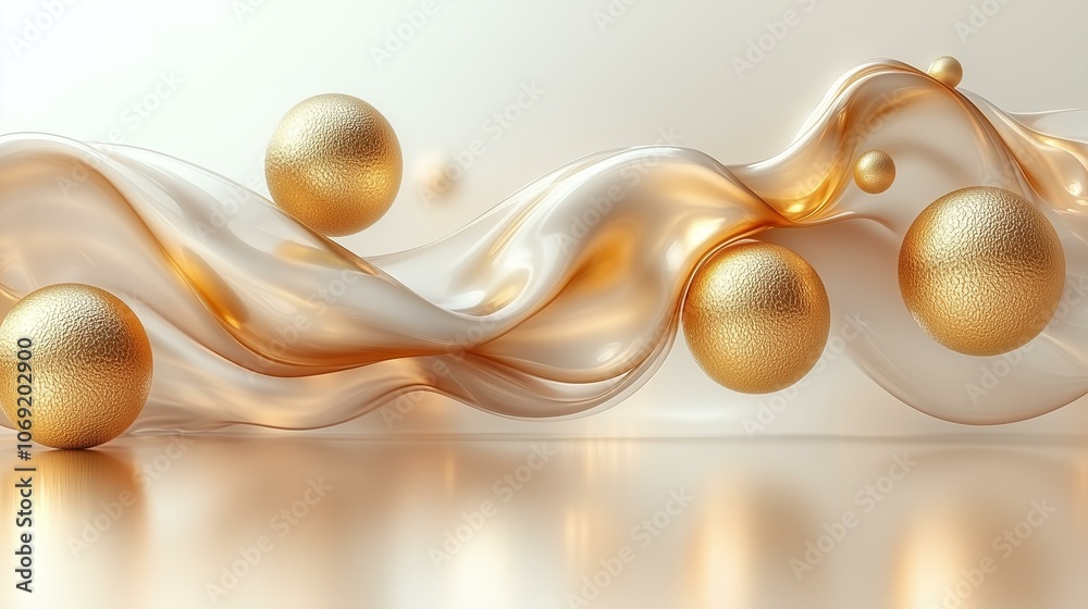 Canvas Prints abstract fluid silk waves with floating golden spheres in motion