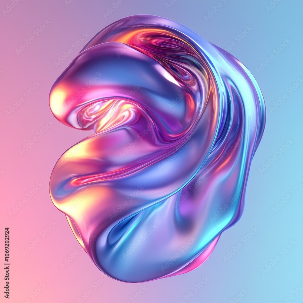 Sticker flowing metallic abstract art with iridescent hues on gradient background