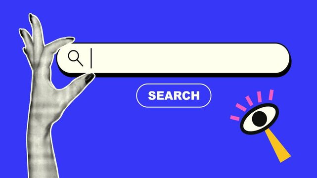 Animation of the search bar in retro collage style. A hand with a halftone effect cut out of paper, a smooth appearance of the search button, a blinking creative magnifying glass with an eye.