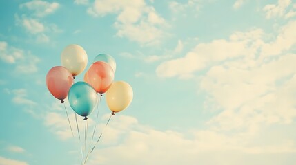Colored balloons floating in a sunny sky with clouds