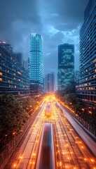 Naklejka premium Illuminated Cityscape with Modern Train Station and Skyscrapers at Blue Hour, Urban Landscape.