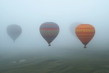 Fototapeta premium Hot air balloons drift through fog in a serene landscape during early morning light
