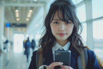 High school girl using a mobile phone in the school building.