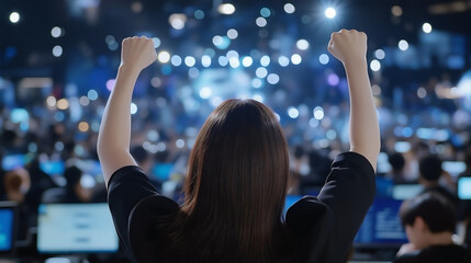 a young Asian woman cheering with her arms raised triumphantly in the air. in a lively conference room with people working on computers