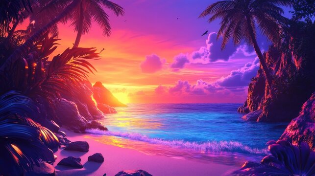 Beach at sunset glowing with vibrant hues perfect for relaxation and nature appreciation