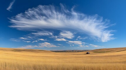 Fototapeta premium Expansive rolling fields of golden wheat stretch out under a bright blue sky, with a distant barn visible on the horizon