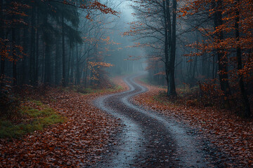 Naklejka premium Winding path through a foggy forest with autumn leaves in the morning