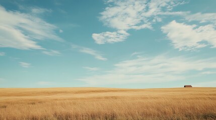 Fototapeta premium Expansive rolling fields of golden wheat stretch out under a bright blue sky, with a distant barn visible on the horizon