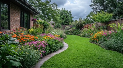 Obraz premium A vibrant garden path winding through colorful flowers on a cloudy afternoon