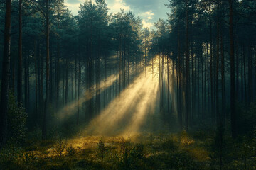 Fototapeta premium Sunlight piercing through trees in a serene forest at dawn