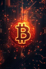Bitcoin symbol glowing on a digital circuit board, representing cryptocurrency and technology
