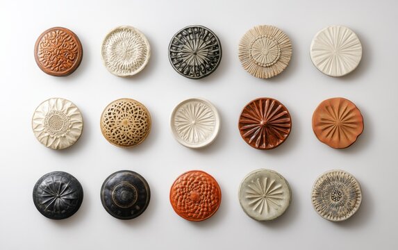 Assortment of decorative ceramic buttons or knobs with intricate patterns and designs