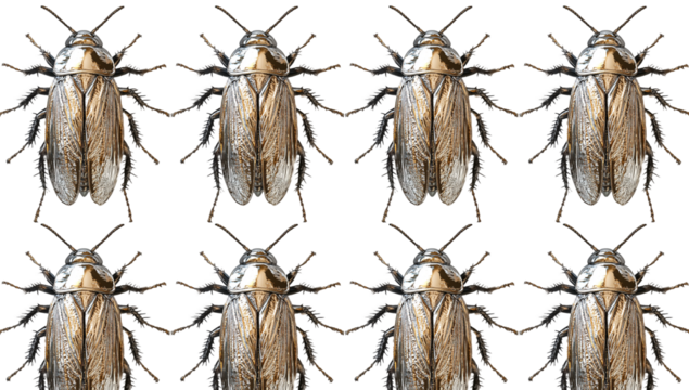 A repeated pattern of golden beetles with iridescent wings, creating a striking, symmetrical display against a transparent background, showcasing vivid colors and intricate details