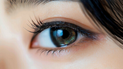 Obraz premium An extreme close-up shot of a beautiful young Asian woman's eye, with her vibrant and colorful contact lens. 