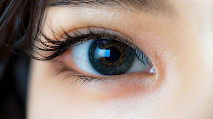 Obraz premium An extreme close-up shot of a beautiful young Asian woman's eye, with her vibrant and colorful contact lens. 