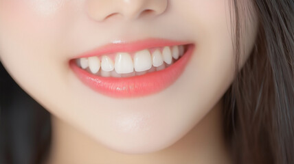 Fototapeta premium An extreme close-up shot of a beautiful young Asian woman's radiant white teeth as she proudly presents her smile. 