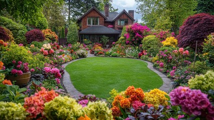 Lush garden blooms surround cozy home in serene neighborhood during sunny spring afternoon