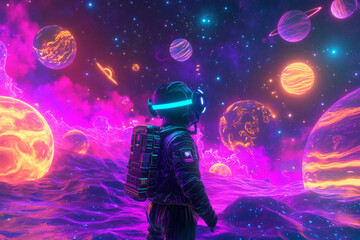Fototapeta premium A space explorer in virtual reality, floating through a digital galaxy with neon planets, stars, and spacecraft all around.