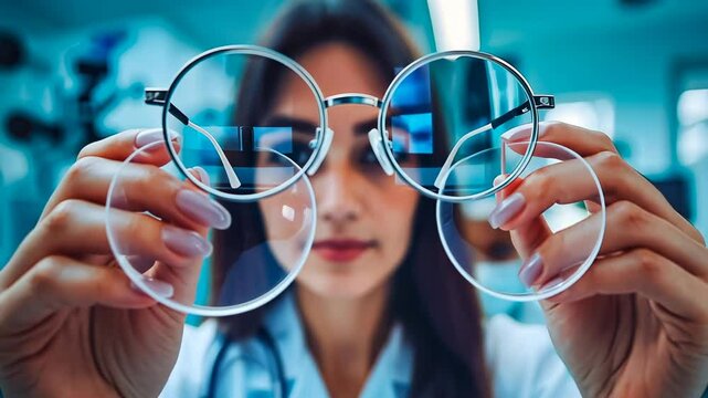 A young female customer inspects a pair of eyeglasses at an optometry shop, surrounded by shelves filled with various frames. The scene conveys a theme of vision care and fashion choice in eye wear.