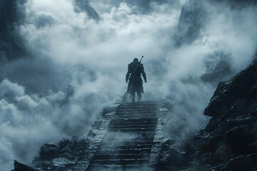 A warrior ascends a misty mountain path at dawn, shrouded in fog