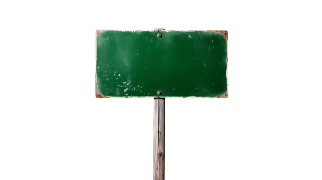 Weathered green street sign on pole isolated on transparent background