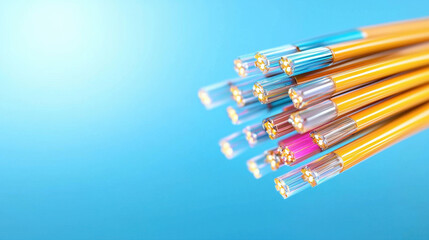 Illuminated fiber optic cables in vibrant colors against blue background, showcasing advanced technology and connectivity