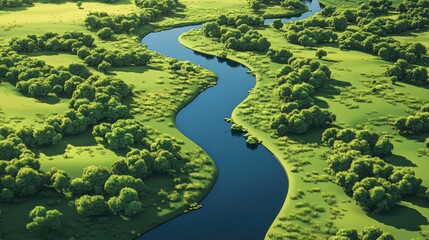 Aerial view of the Fox River winding through a picturesque prairie landscape showcasing vibrant greenery and serene waterway reflections