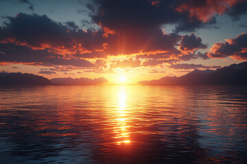 Obraz premium Stunning sunset over calm waters with mountains in the background