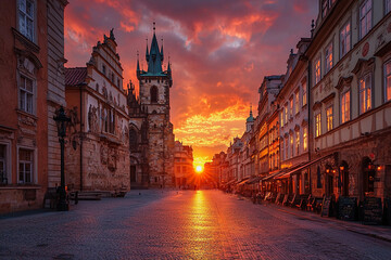 Fototapeta premium Stunning sunset over a historic town square in Prague