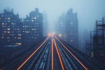 Fototapeta premium Foggy evening with illuminated train tracks in a city skyline