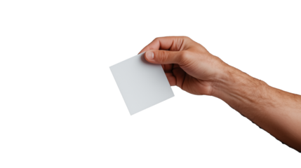 Hand holding blank card ready to present on transparent background