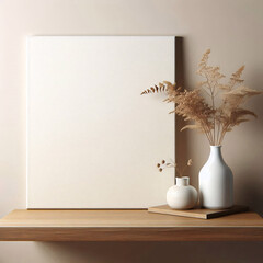 Minimalist interior with vases and frame on wooden shelf. Generative AI