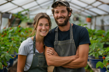 Naklejka premium Caucasian man and woman couple looking at camera with confidence on farm, gardeners gardening strawberries together.