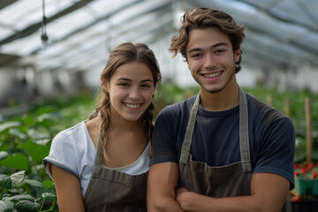 Obraz premium Caucasian man and woman couple looking at camera with confidence on farm, gardeners gardening strawberries together.