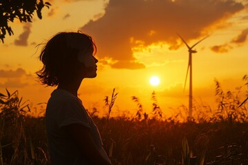 Silhouette of woman with wind turbines at sunset symbolizing renewable energy nature harmony and eco consciousness in a serene scenic setting