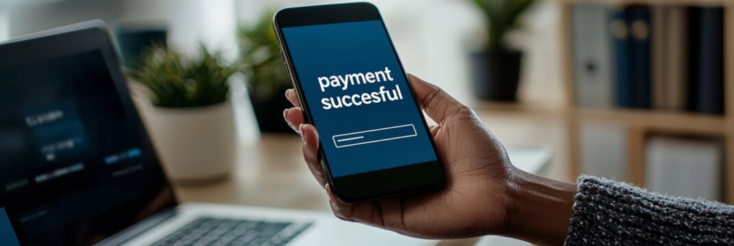 Image of a smartphone being held, displaying a 'payment successful' message, indicating a completed transaction in a modern technological environment.