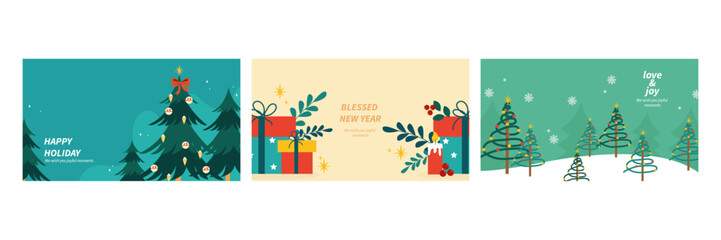 Festive Christmas Themed Greeting Card Collection. Set of three festive Christmas greeting cards featuring colorful holiday designs. Perfect for spreading holiday cheer and warmth