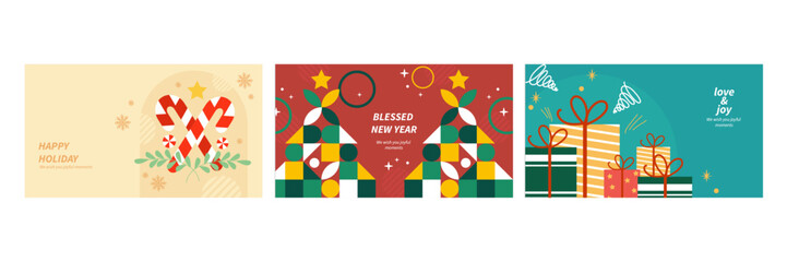 Festive Christmas Themed Greeting Card Collection. Set of three festive Christmas greeting cards featuring colorful holiday designs. Perfect for spreading holiday cheer and warmth