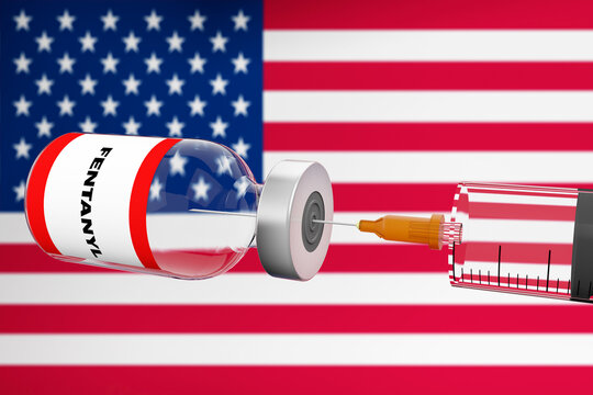 Spectacular bottle of fentanyl citrate levitating in the air with a penetrating syringe against a UNITED STATES OF AMERICA FLAG'S  USA background. 3D rendering, 3D illustration