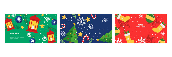 Festive Christmas Card Designs. Three illustrated Christmas cards featuring a decorated christmas element and seasonal greetings, capturing the holiday spirit, joy, and celebration