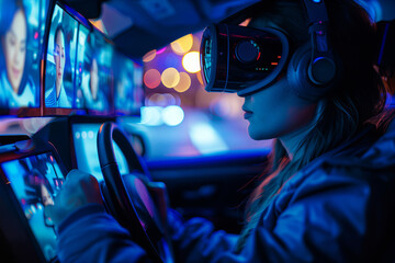 A person wearing virtual reality glasses is driving a futuristic car with a holographic screen on the dashboard. Show the faces of many people