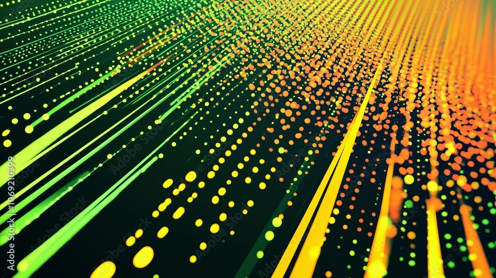 Poster dynamic abstract patterns with vibrant green and orange lines creating a sense of movement and energ